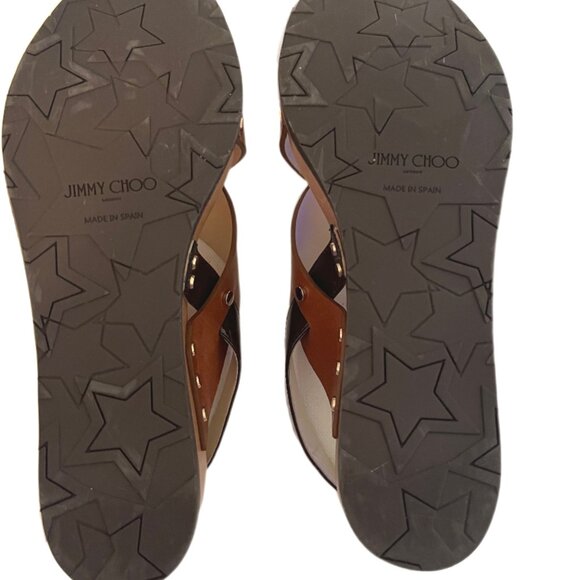 Jimmy Choo 2-Tone Brown Leather, Wood & Patent Leather Wedge Stud Sandals Size 5 main image 4